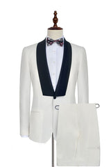 Black Knife Collar Well-cut White Wedding Suits for Men One Button Wedding Tuxedos-Ballbella