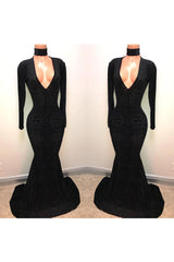 Black Lace V-Neck Prom Party Gowns| Mermaid Long-Sleeve Evening Gowns-Ballbella
