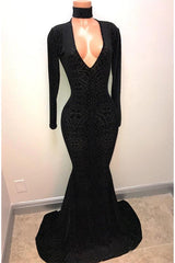 Black Lace V-Neck Prom Party Gowns| Mermaid Long-Sleeve Evening Gowns-Ballbella