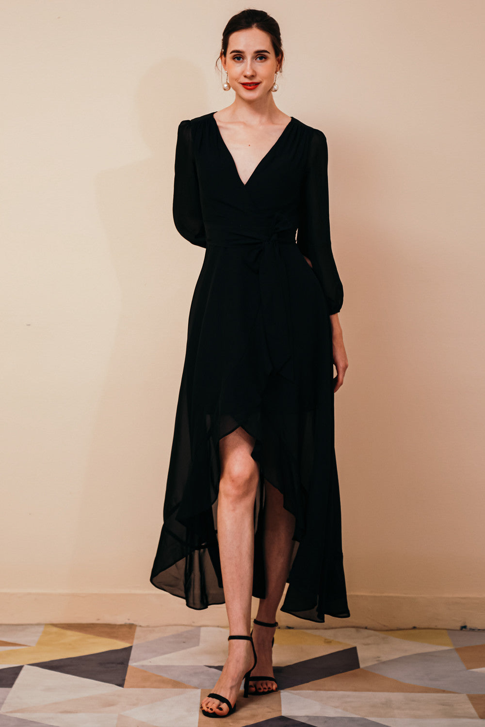 Black Long sleeves High low Chiffon Evening Dress, Black / US2 Black Long sleeves High low Chiffon Evening Dress, Black / US2