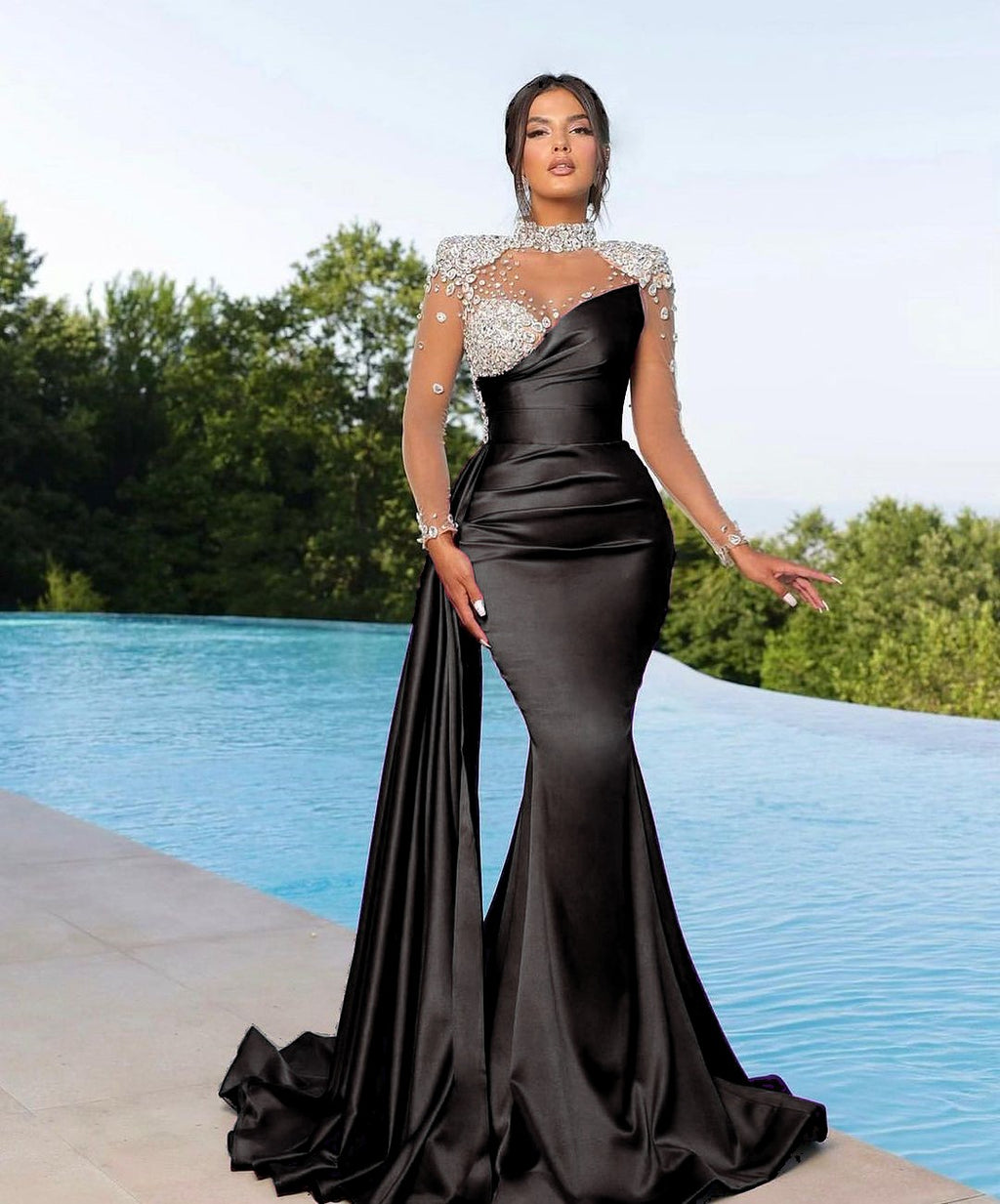 Black Long Sleeves High Neck Prom Dress Mermaid With Crystals Black Long Sleeves High Neck Prom Dress Mermaid With Crystals