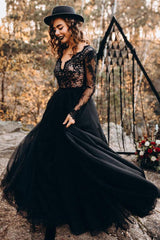 Black Long Sleeves Lace Evening Dress Tulle Party Gowns-Ballbella