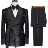 Black Men¡¯s Wedding Suit with Satin Shawl Lapel and Belt-Ballbella