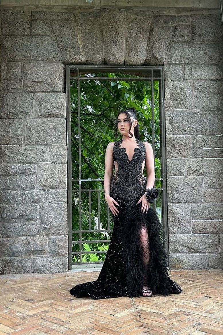 Black Open Back Sleeveless High Split Sequin Long Prom Dresses Ballbella Black Open Back Sleeveless High Split Sequin Long Prom Dresses Ballbella