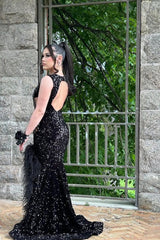 Black Open Back Sleeveless High Split Sequin Long Prom Dresses-Ballbella