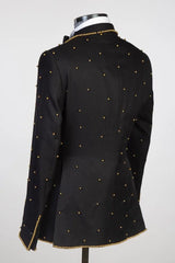 Black Peaked Lapel Double-Breasted Prom Suit with Gold Beading-Ballbella