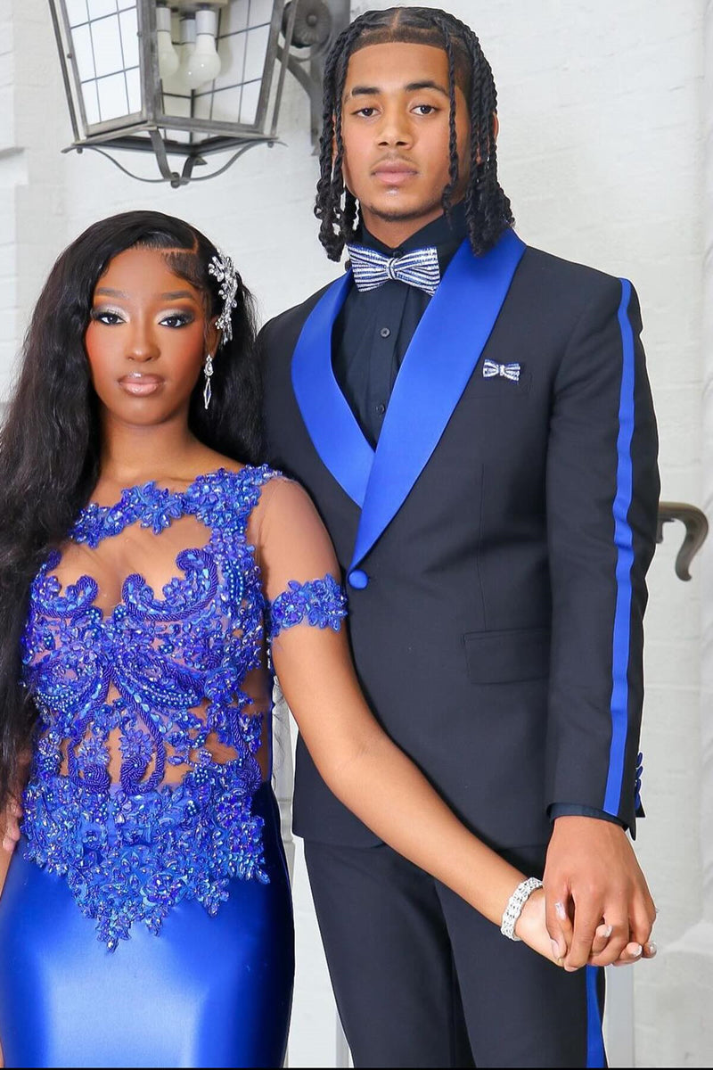 Black Prom Suit with Blue Shawl Lapel Black Prom Suit with Blue Shawl Lapel