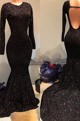 Black Sequins Prom Party Gowns| Long Sleeves Evening Gowns On Sale-Ballbella