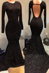 Black Sequins Prom Party Gowns| Long Sleeves Evening Gowns On Sale-Ballbella