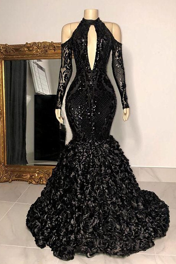 Black Sexy Keyhole Cool Shoulder Mermaid Flowers Prom Dresses Black Sexy Keyhole Cool Shoulder Mermaid Flowers Prom Dresses