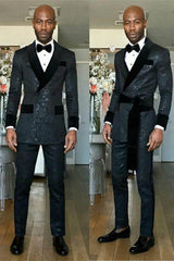 Black Shawl Lapel Double Breasted Slim Fit Wedding Groom Suits-Ballbella