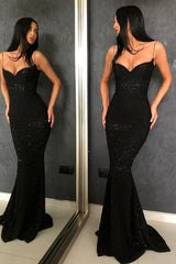 Black Sheath Spaghetti Straps Open Back Sequins Prom Dresses-Ballbella