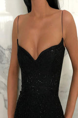 Black Sheath Spaghetti Straps Open Back Sequins Prom Dresses-Ballbella