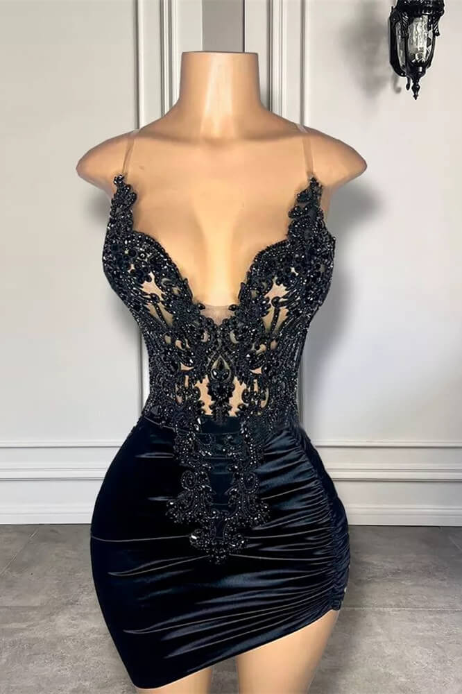 Black Sleeveless Short Prom Dresses with Spaghetti Straps and Beadings Black Sleeveless Short Prom Dresses with Spaghetti Straps and Beadings