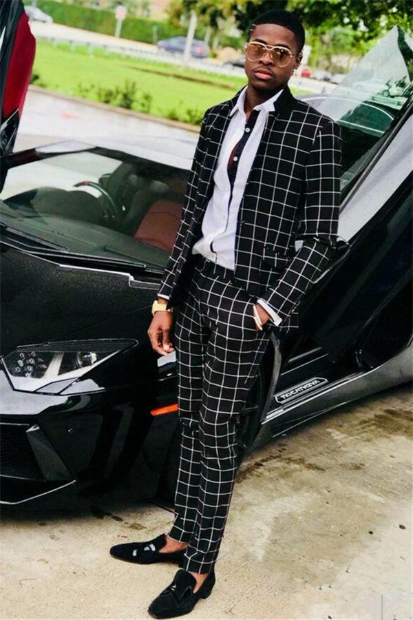 Black Slim Fit Men Suits Plaid Prom Suit – Ballbella