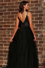 Black Spaghetti Straps Open Back Evening Gowns Chic Sleeveless Backless V-neck Formal Dresses With Slit-Ballbella