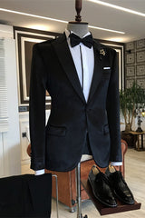 Black Velvet One Button Peaked Lapel Slim Fit Men Suits-Ballbella