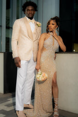 Bling Champagne Sequins High Neck Mermaid Prom Dress with Keyhole-Ballbella