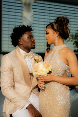 Bling Champagne Sequins High Neck Mermaid Prom Dress with Keyhole-Ballbella