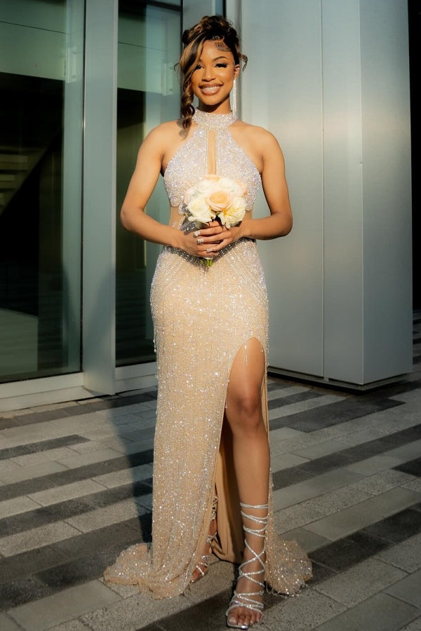 Bling Champagne Sequins High Neck Mermaid Prom Dress with Keyhole Bling Champagne Sequins High Neck Mermaid Prom Dress with Keyhole