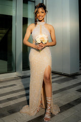 Bling Champagne Sequins High Neck Mermaid Prom Dress with Keyhole-Ballbella