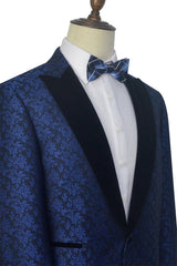 Blue Floral Patter Tuxedos for Marriage Black Velvet Peak Collar Marriage Suits-Ballbella