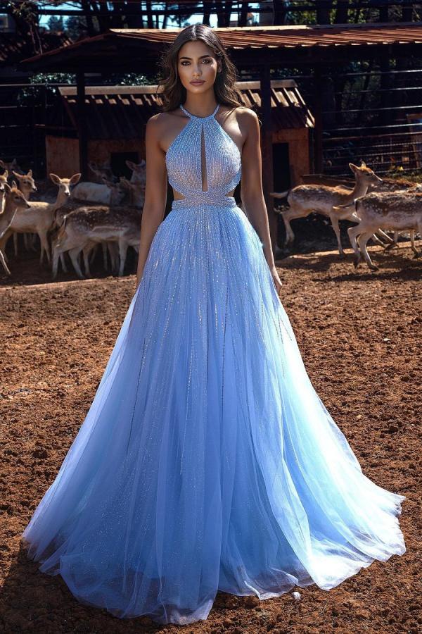 Blue Halter Beadings Long Prom Dress Tulle Evening Party Gowns Ballbella Blue Halter Beadings Long Prom Dress Tulle Evening Party Gowns Ballbella