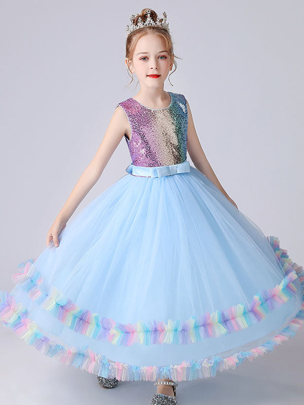 Blue Jewel Neck Tulle Sleeveless Ankle-Length Bows Kids Social Party Dresses Princess Dress, Baby Blue / 4-5Y Blue Jewel Neck Tulle Sleeveless Ankle-Length Bows Kids Social Party Dresses Princess Dress, Baby Blue / 4-5Y