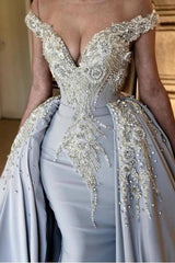 Blue Off-the-Shoulder V-neck Mermaid Beading Appliques Prom Dresses With Overskirt-Ballbella