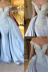 Blue Off-the-Shoulder V-neck Mermaid Beading Appliques Prom Dresses With Overskirt-Ballbella