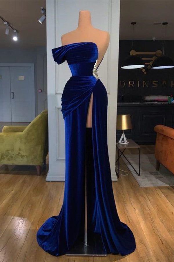 Blue Off-the-Shoulder Velvet Prom Dress Mermaid Long With Split Blue Off-the-Shoulder Velvet Prom Dress Mermaid Long With Split
