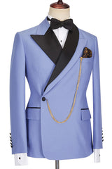 Blue Peaked Lapel Slim Fit Bespoke Men Suits-Ballbella