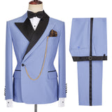 Blue Peaked Lapel Slim Fit Bespoke Men Suits-Ballbella