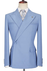 Blue Slim Fit Peaked Lapel Ruffles Designer Men's Prom Suits-Ballbella