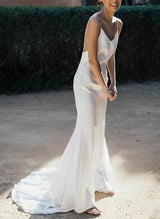 Boho Garden Backless V-Neck Wedding Dresses Silk Like Satin-Ballbella
