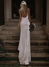 Boho Garden Backless V-Neck Wedding Dresses Silk Like Satin-Ballbella