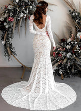 Boho Garden Lace Trumpet Mermaid Fitted Long Sleeves Wedding Dresses Court Train-Ballbella