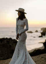 Boho Garden Lace Trumpet Mermaid Fitted Long Sleeves Wedding Dresses Court Train-Ballbella