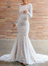 Boho Garden Lace Trumpet Mermaid Fitted Long Sleeves Wedding Dresses Court Train-Ballbella