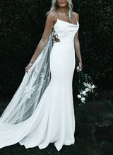 Boho Garden Summer Beach Cowl Neck Sleeveless Court Train Lace Wedding Dresses-Ballbella