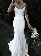 Boho Garden Summer Beach Cowl Neck Sleeveless Court Train Lace Wedding Dresses-Ballbella