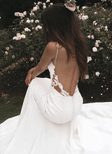 Boho Garden Summer Beach Cowl Neck Sleeveless Court Train Lace Wedding Dresses-Ballbella