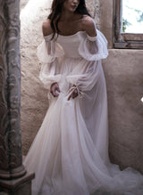 Boho Garden Tulle Off The Shoulder Long Sleeves A Line Wedding Dresses-Ballbella