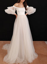 Boho Garden Tulle Off The Shoulder Long Sleeves A Line Wedding Dresses-Ballbella