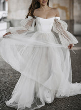 Boho Garden Tulle Off The Shoulder Long Sleeves A Line Wedding Dresses-Ballbella