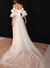 Boho Garden Tulle Off The Shoulder Long Sleeves A Line Wedding Dresses-Ballbella