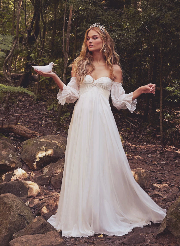Boho Garden Wedding Dresses Off-the-Shoulder Long Sleeves Chiffon Sweep Train Boho Garden Wedding Dresses Off-the-Shoulder Long Sleeves Chiffon Sweep Train