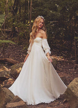 Boho Garden Wedding Dresses Off-the-Shoulder Long Sleeves Chiffon Sweep Train-Ballbella