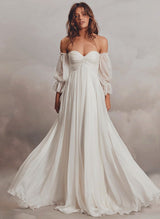 Boho Garden Wedding Dresses Off-the-Shoulder Long Sleeves Chiffon Sweep Train-Ballbella