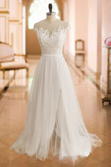 Boho Wedding Dresses Lace Off The Shoulder Short Sleeve Long Split Front Bridal Dress With Train-Ballbella